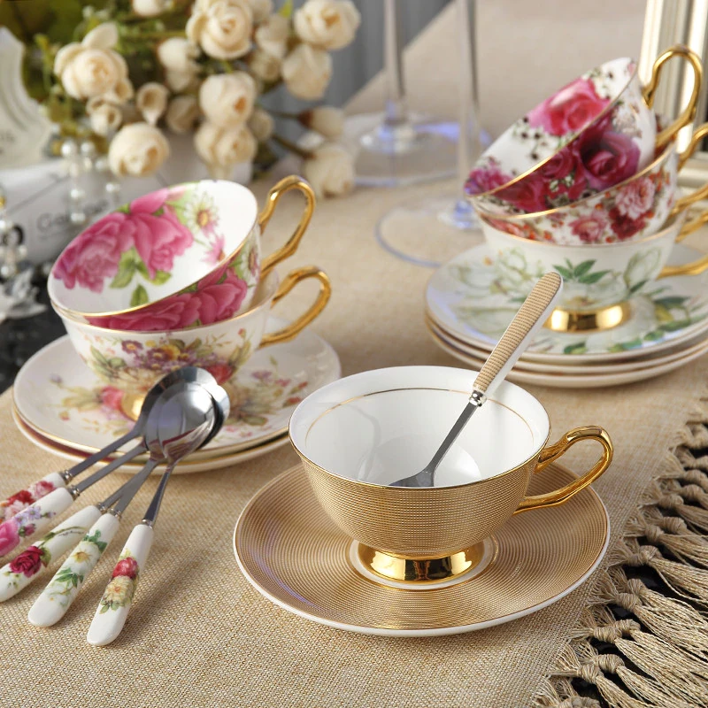 Europe Noble Bone China Coffee Cup Saucer Spoon Set 200ml Luxury Ceramic Mug Top-grade Porcelain Tea Cup Cafe Party Drinkware